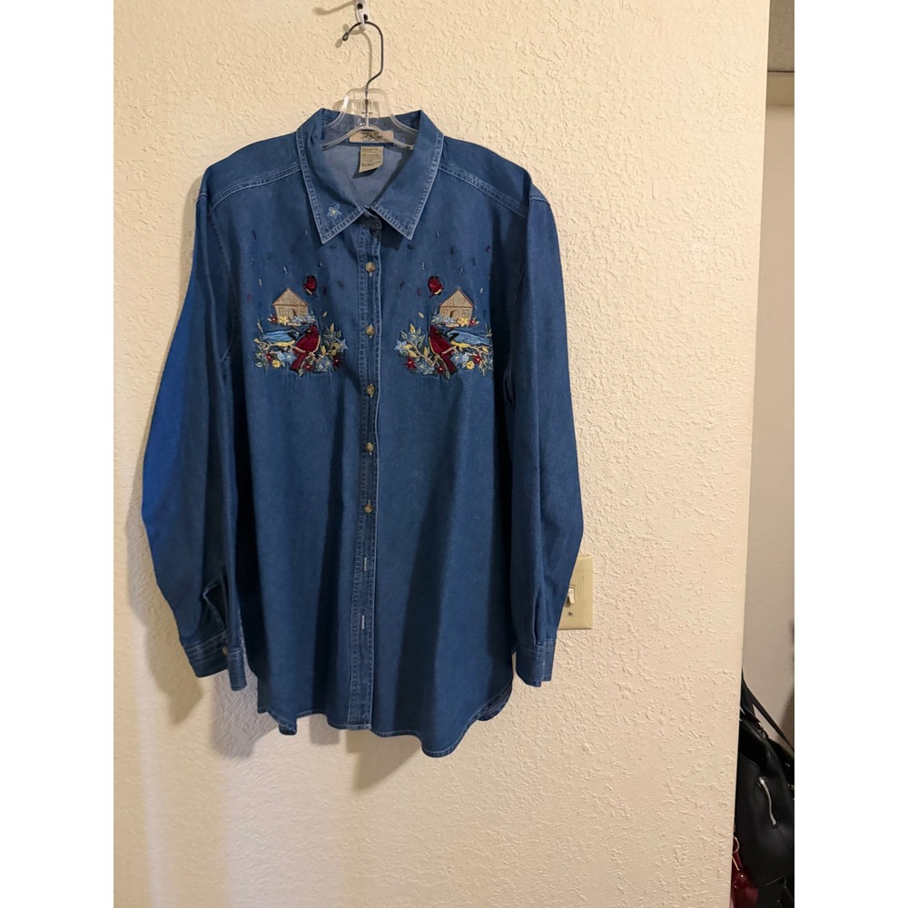 Just My Size Denim Embroidered Cardinal Birdhouse Shirt Blue Cotton 22W 24W